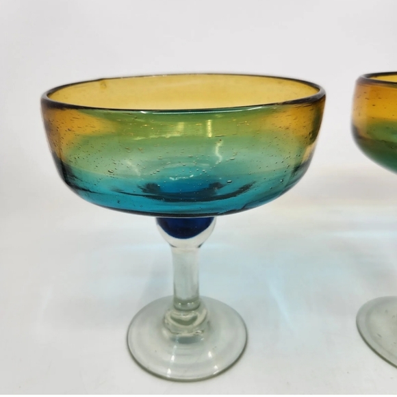 Vtg Pair Mexican Hand-Blown  Margarita Art Glasses Amber/ Turquoise Fade HEAVY - Picture 2 of 8